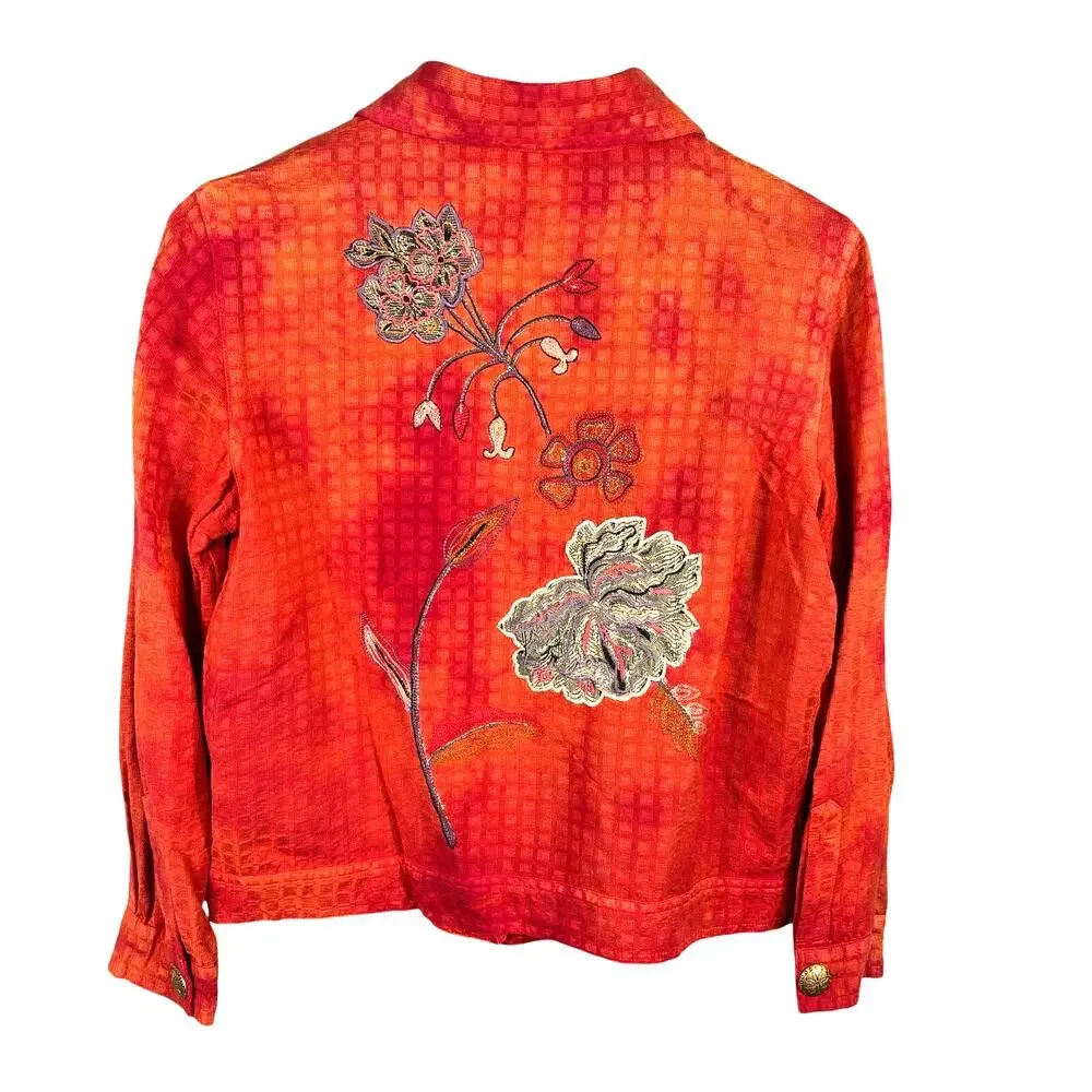 Julia Kin‎ Jacket Women Small Orange Art to Wear Boho Floral Embroidered Shirt - Picture 2 of 9